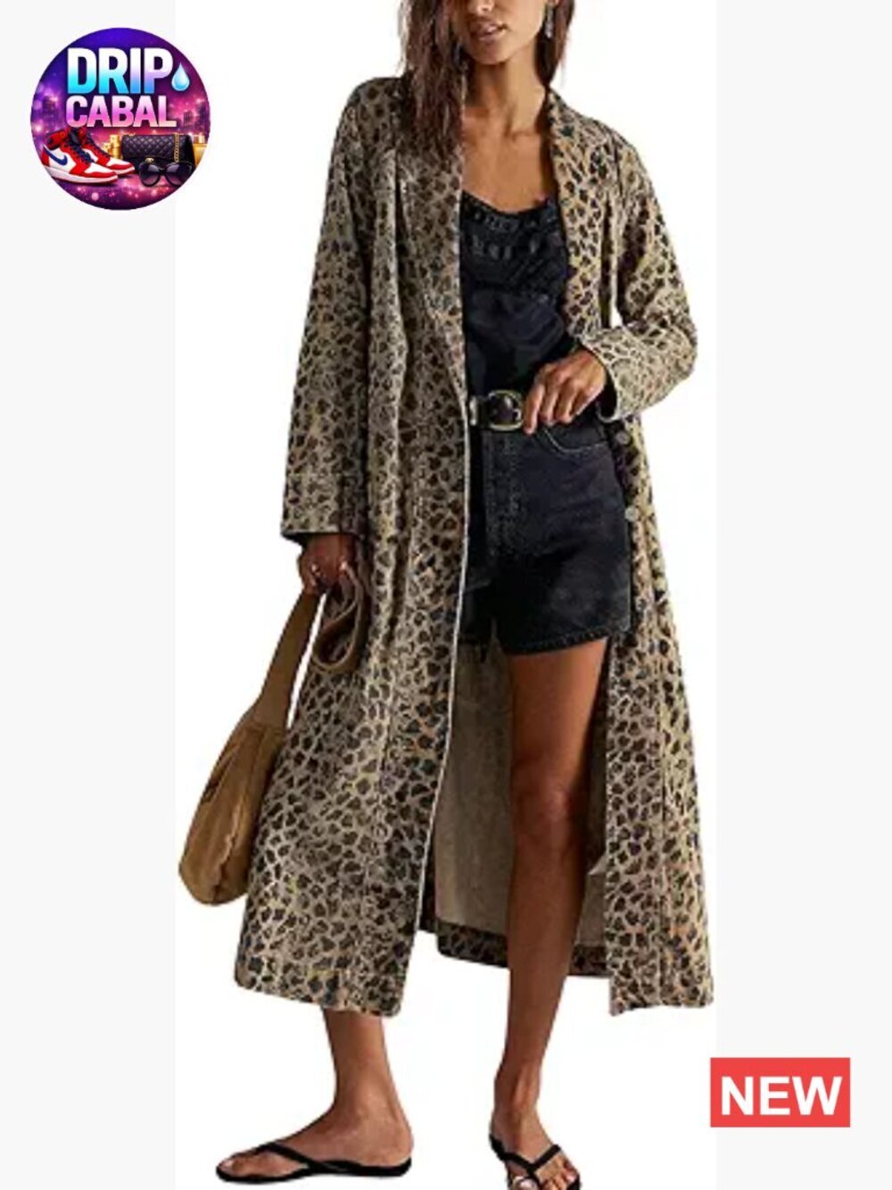 Midi Leopard Print Denim Trench Coat Distressed Long Jacket Overcoat